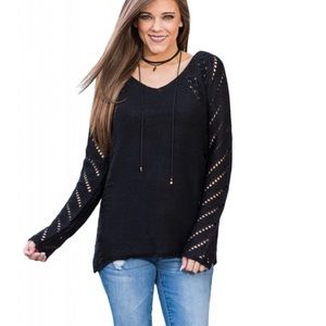 Black Open Knit V-Neck Sweater